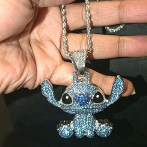 Stitch Character Rhinestone Pendant On Silver Tone Hip Hop Necklace 24"